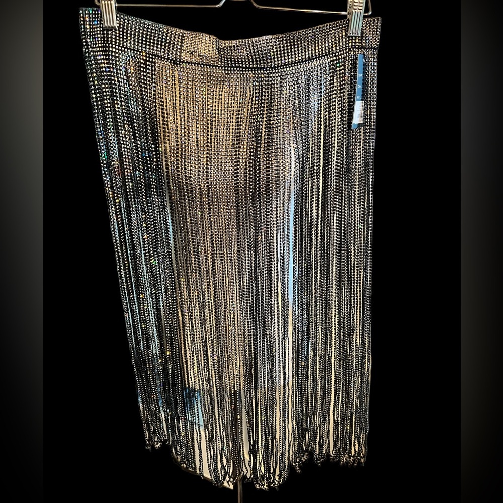 ~32" long, waist adjustable 31-37, STUNNING black rhinestone fringe skirt - Picture 3 of 5